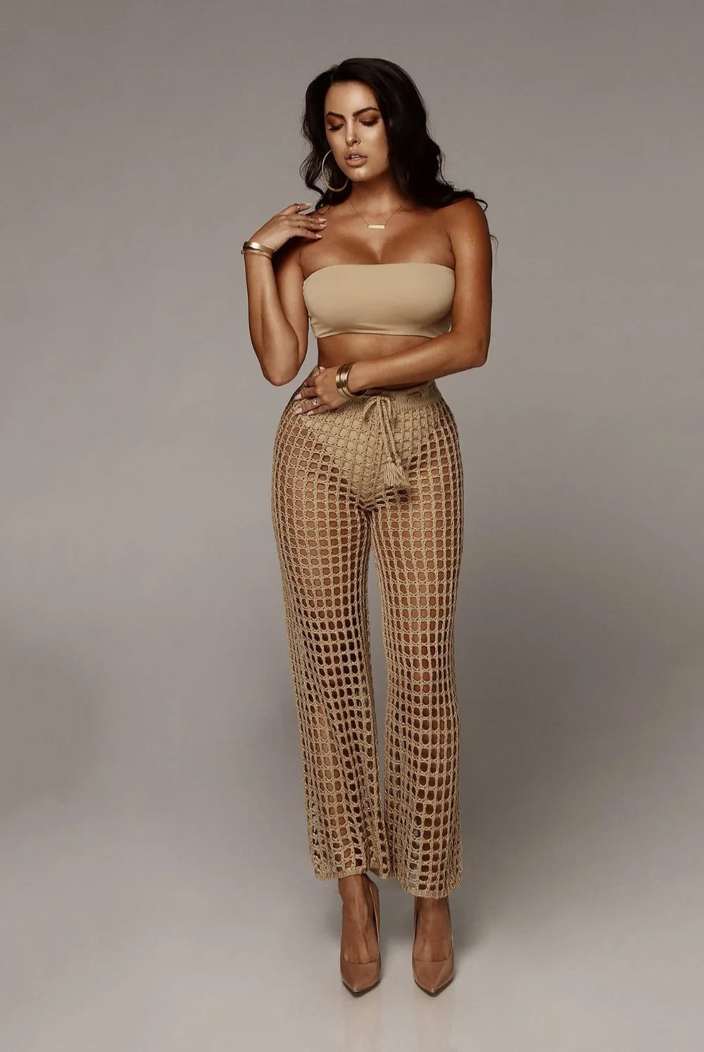 Leg High Waist Trousers Beach Long Loose Mesh Sheer Pants Crochet Hollow Out Women Pants