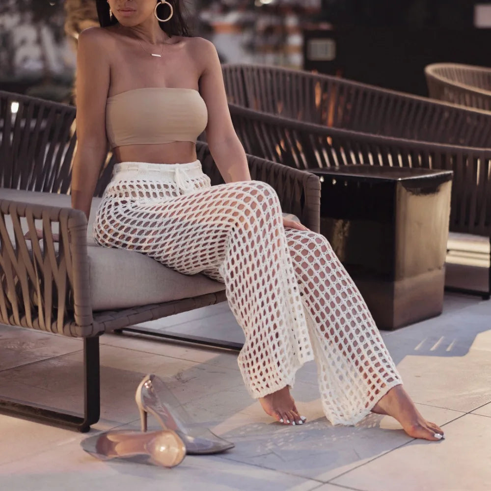 Leg High Waist Trousers Beach Long Loose Mesh Sheer Pants Crochet Hollow Out Women Pants