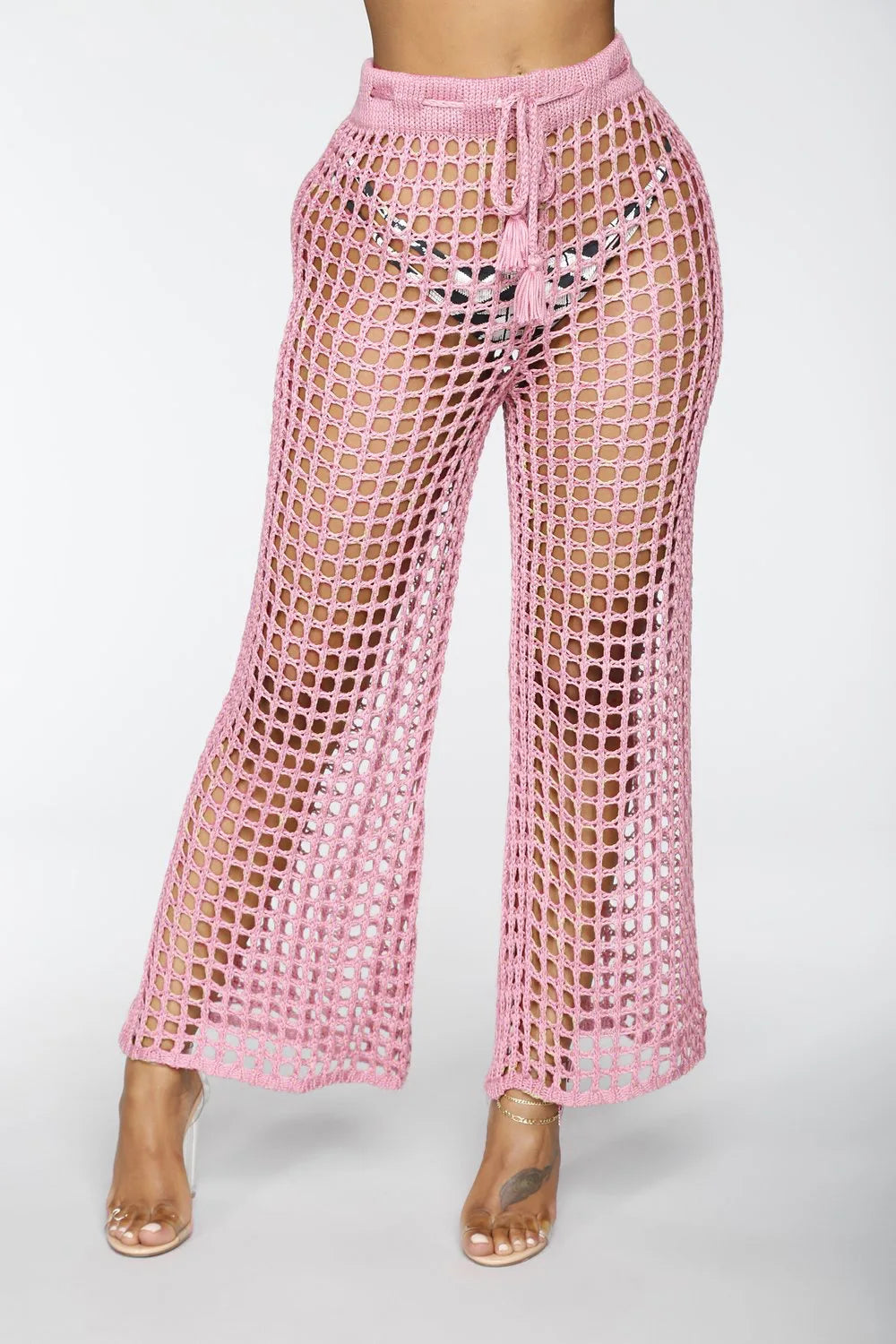 Leg High Waist Trousers Beach Long Loose Mesh Sheer Pants Crochet Hollow Out Women Pants