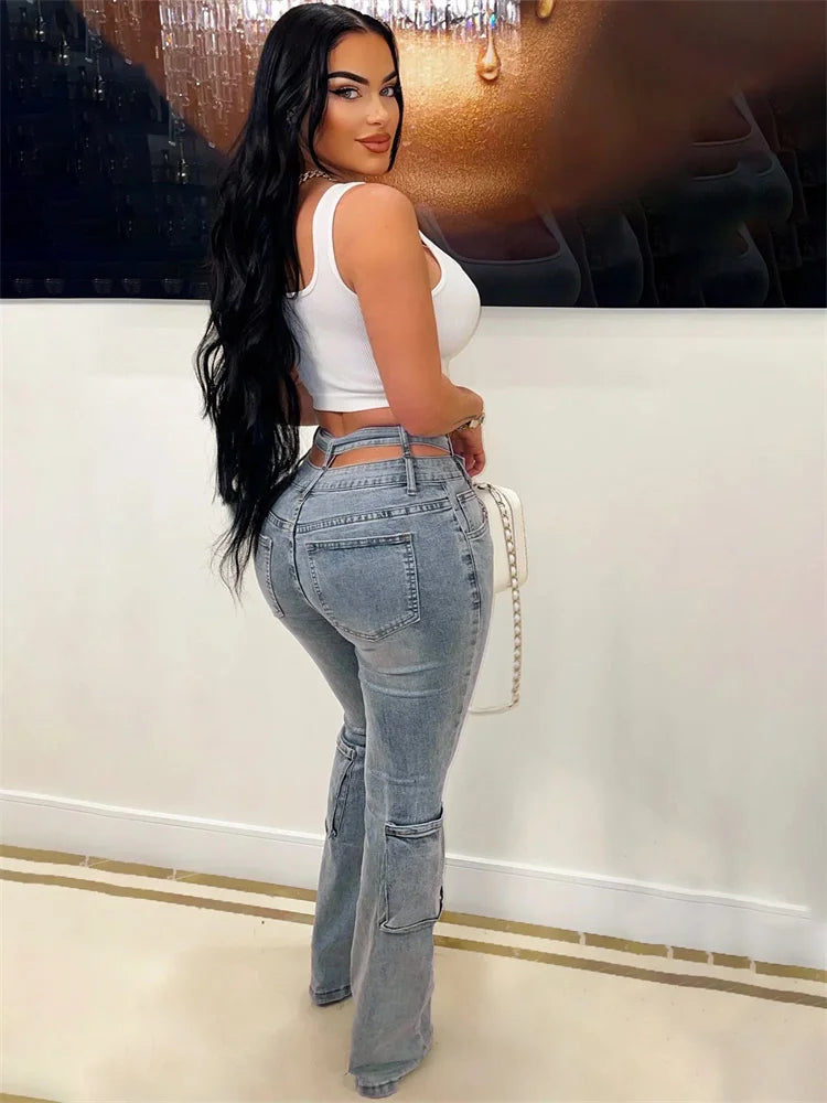 Jeans Women Button Zipper Waist Multiple Pockets Autumn Trend Skinny Stretch Streetwear