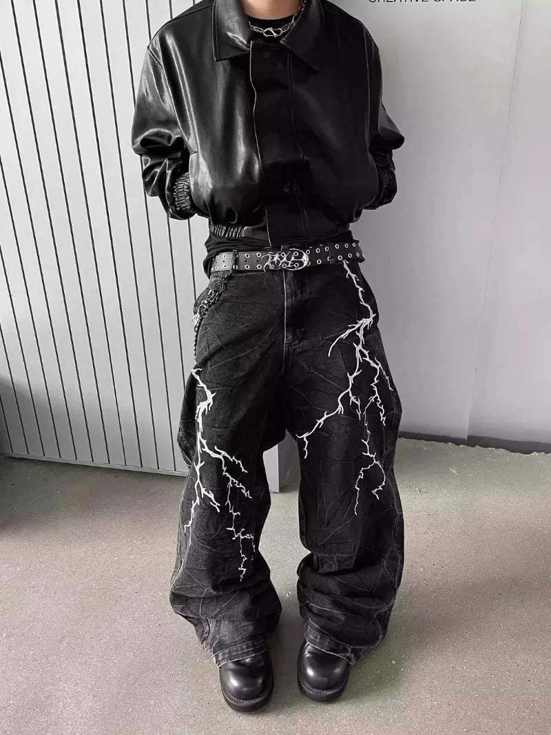 Y2K High Street Lightning Embroidered Baggy Jeans Men and Women Retro Hip Hop Loose Casual High Waist Straight Wide Leg Jeans