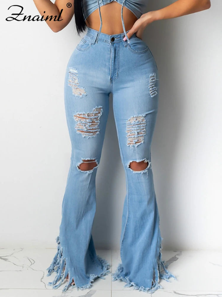 Denim Jeans Flare Pants High Waist Bodycon Trousers Streetwear Outfit