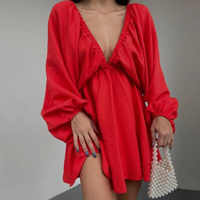 Dress Summer Casual Long Sleeve Ruffle Dress Ladies Fashion V Neck  A-line Party Dress Outfit