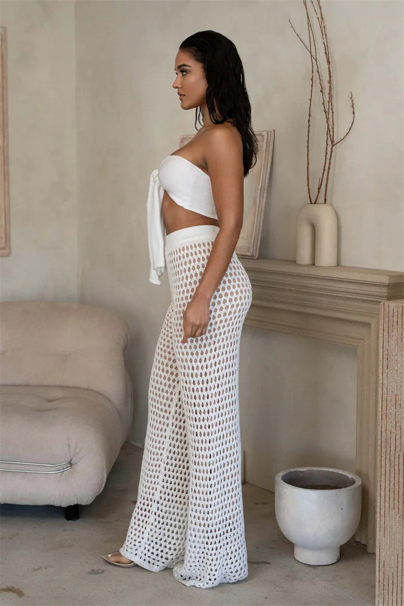 Women's Off Shoulder Crop Top and High Waist Long Pant,Beach Bikini Cover-Up, Sexy Outfit, 2 Pcs Set