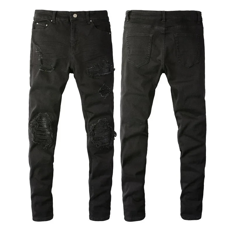 2025 New Style Street Fashion Brand Ripped Slim Fit Elastic Patchwork Men's Jeans