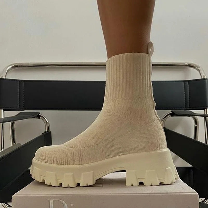 Women Thick-soled Casual fly woven mesh Knitted Short Boots female