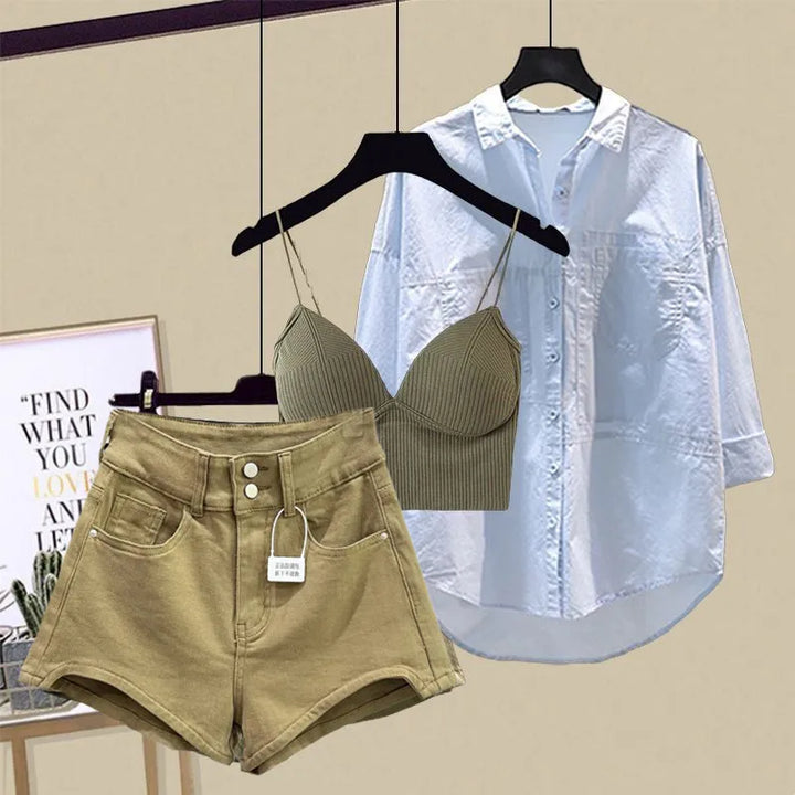 Set Women's 2025 New Design Sense Sunscreen Shirt Fashion Tank Top Slimming Denim Shorts