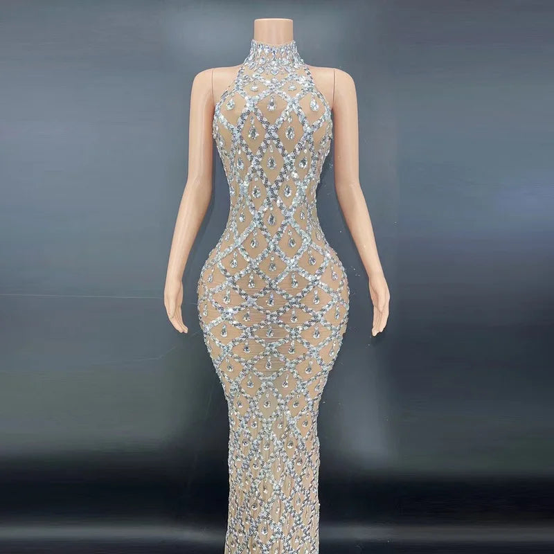 2025 Sparkly Silver Big Rhinestone Transparent Long Dress