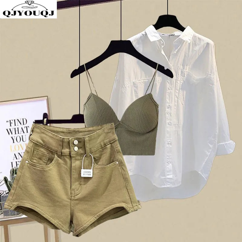 Set Women's 2025 New Design Sense Sunscreen Shirt Fashion Tank Top Slimming Denim Shorts