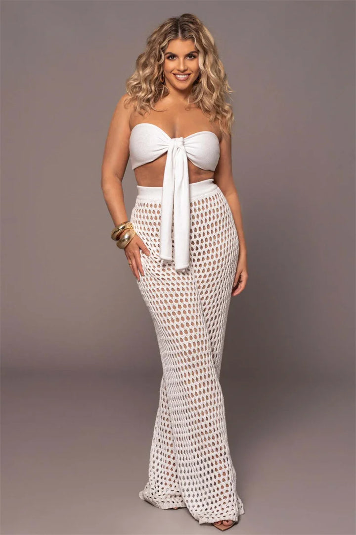 Women's Off Shoulder Crop Top and High Waist Long Pant,Beach Bikini Cover-Up, Sexy Outfit, 2 Pcs Set