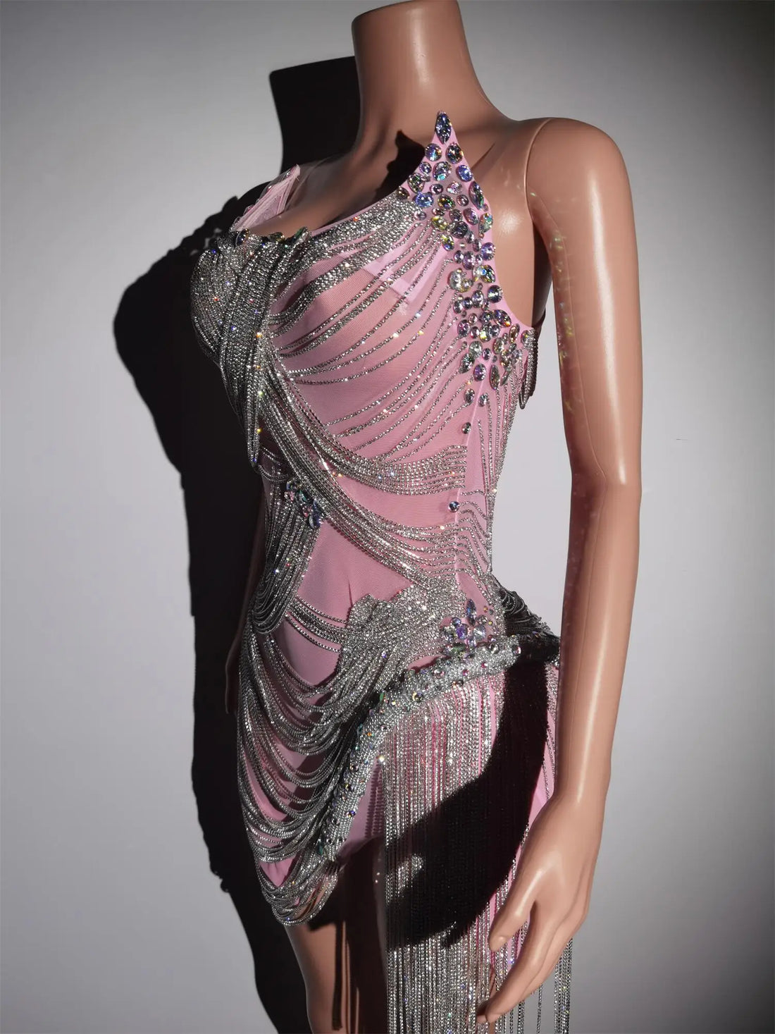 Rhinestones Crystals Fringes Dress Pink Party Costume Sexy Dancer Stage Outfits