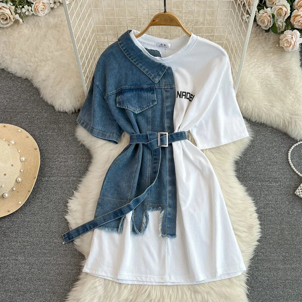 Sexy Short Sleeve O Neck Cowboy Patchwork Chic Denim Spliced