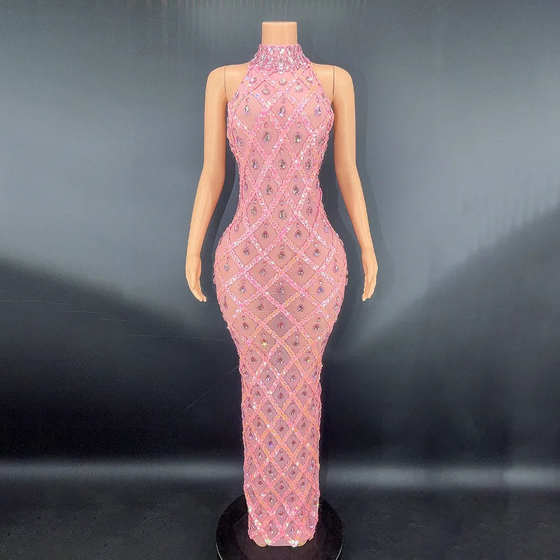 2025 Sparkly Silver Big Rhinestone Transparent Long Dress