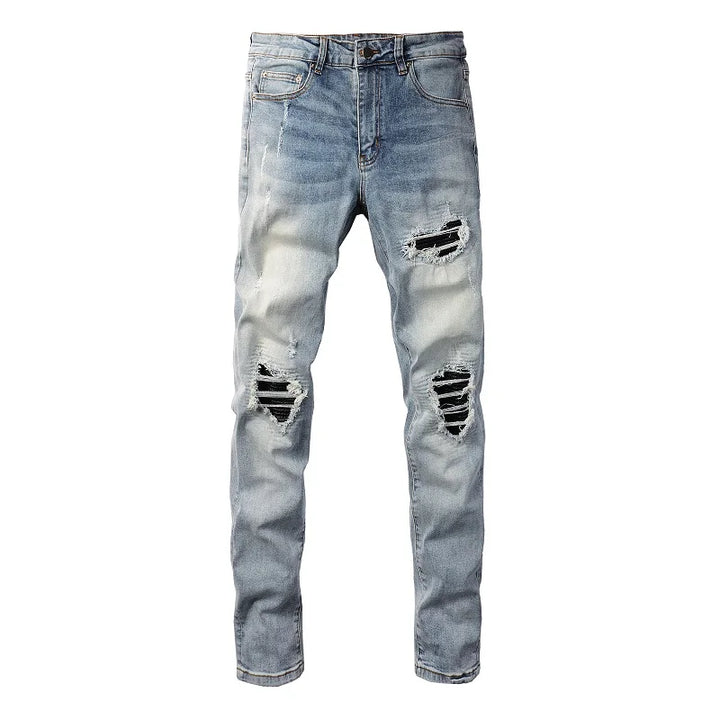 Men Leather Patches Denim Jeans Streetwear Holes Ripped High Stretch Pants Skinny