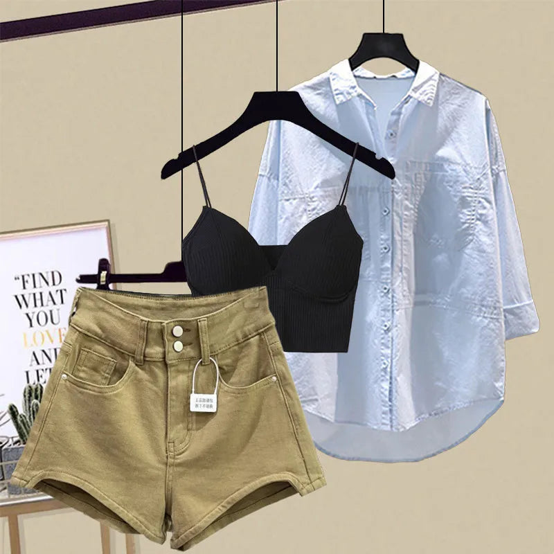 Set Women's 2025 New Design Sense Sunscreen Shirt Fashion Tank Top Slimming Denim Shorts