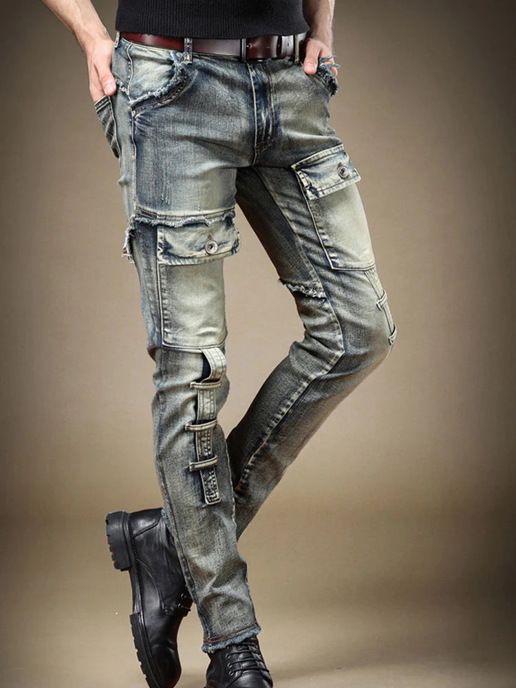 2025 Men's Jeans Stretch Vintage Washing Drak Blue Denim Pants Autumn Summer Luxury Street  Hip-Hop Style Slim Fit Men Trousers
