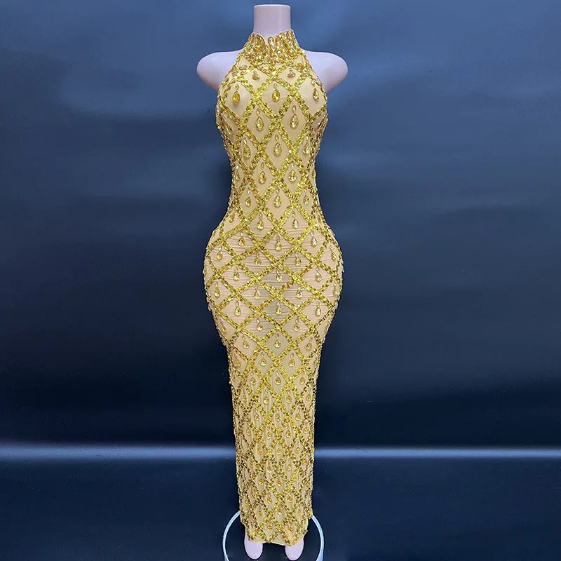 2025 Sparkly Silver Big Rhinestone Transparent Long Dress