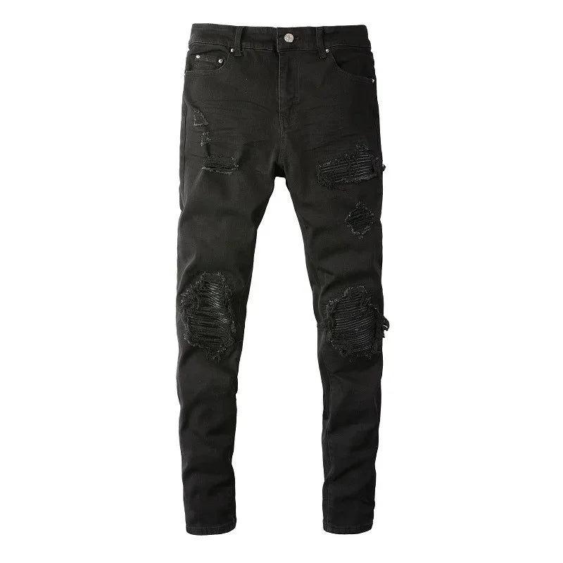 2025 New Style Street Fashion Brand Ripped Slim Fit Elastic Patchwork Men's Jeans