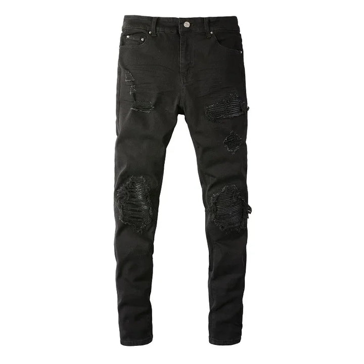 2025 New Style Street Fashion Brand Ripped Slim Fit Elastic Patchwork Men's Jeans