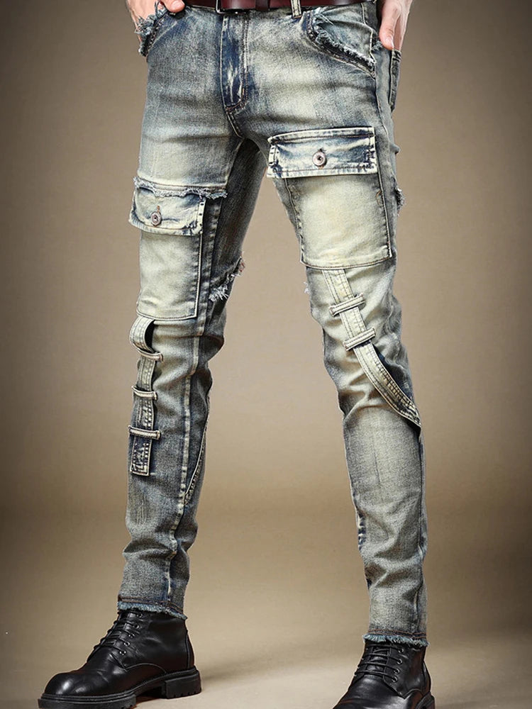 2025 Men's Jeans Stretch Vintage Washing Drak Blue Denim Pants Autumn Summer Luxury Street  Hip-Hop Style Slim Fit Men Trousers