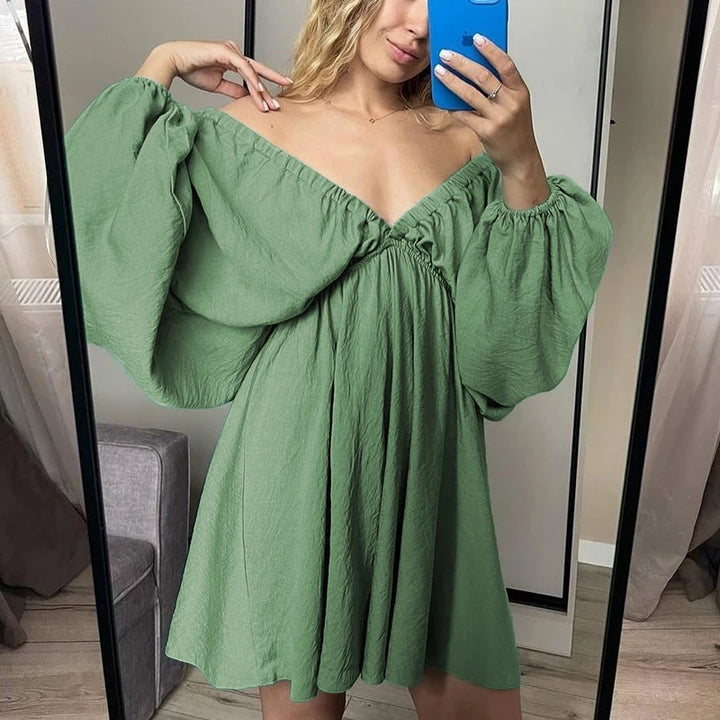 Dress Summer Casual Long Sleeve Ruffle Dress Ladies Fashion V Neck  A-line Party Dress Outfit