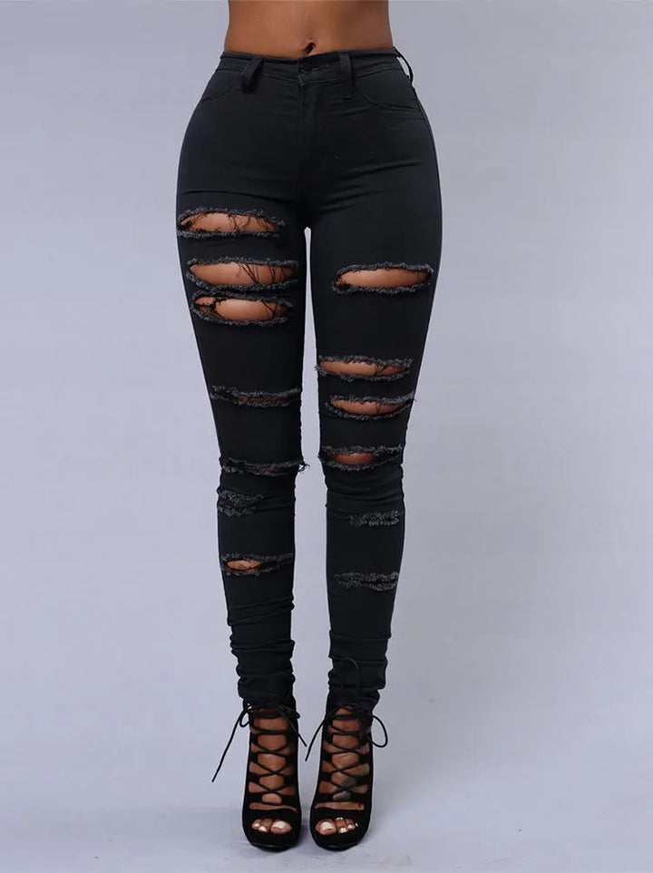 New Spring Summer Elastic Trousers Black and White Ripped Jeans