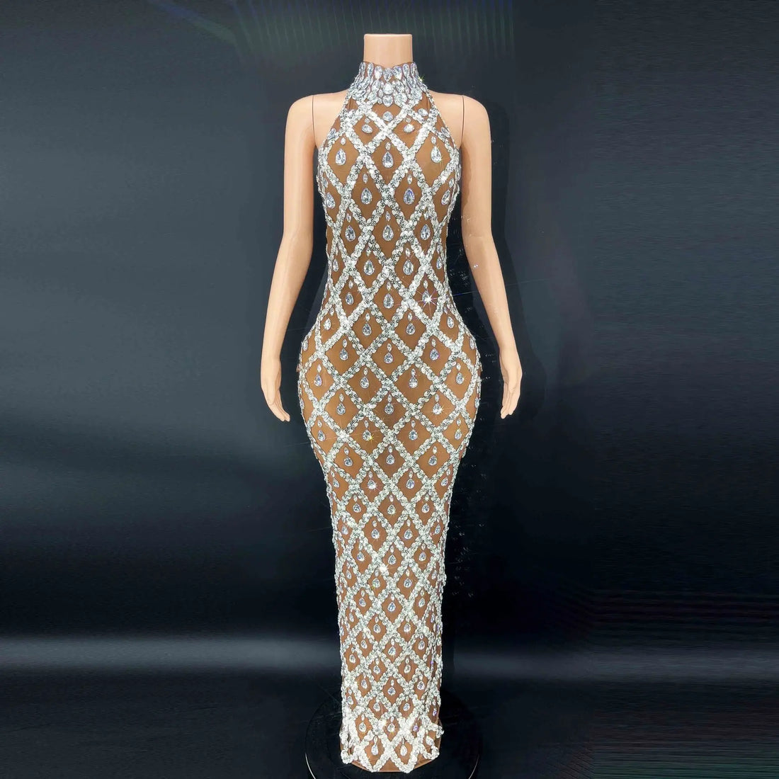 2025 Sparkly Silver Big Rhinestone Transparent Long Dress