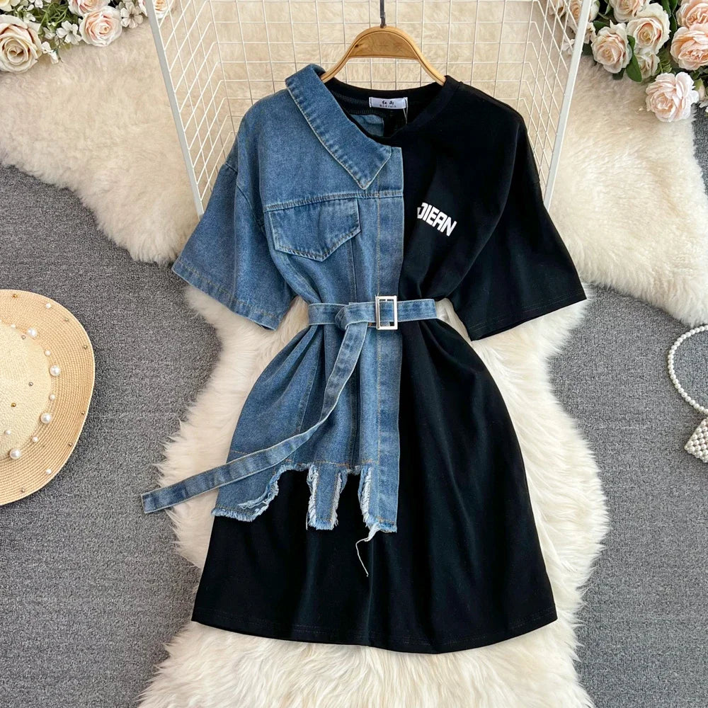 Sexy Short Sleeve O Neck Cowboy Patchwork Chic Denim Spliced