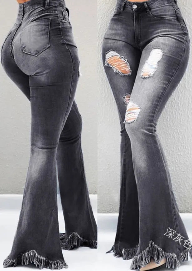 High Waist Jeans Show Thin Tassel Edge Micro Ragged Denim Pants