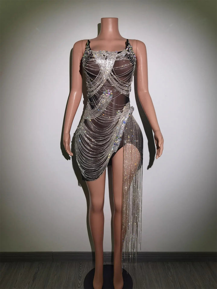 Rhinestones Crystals Fringes Dress Pink Party Costume Sexy Dancer Stage Outfits