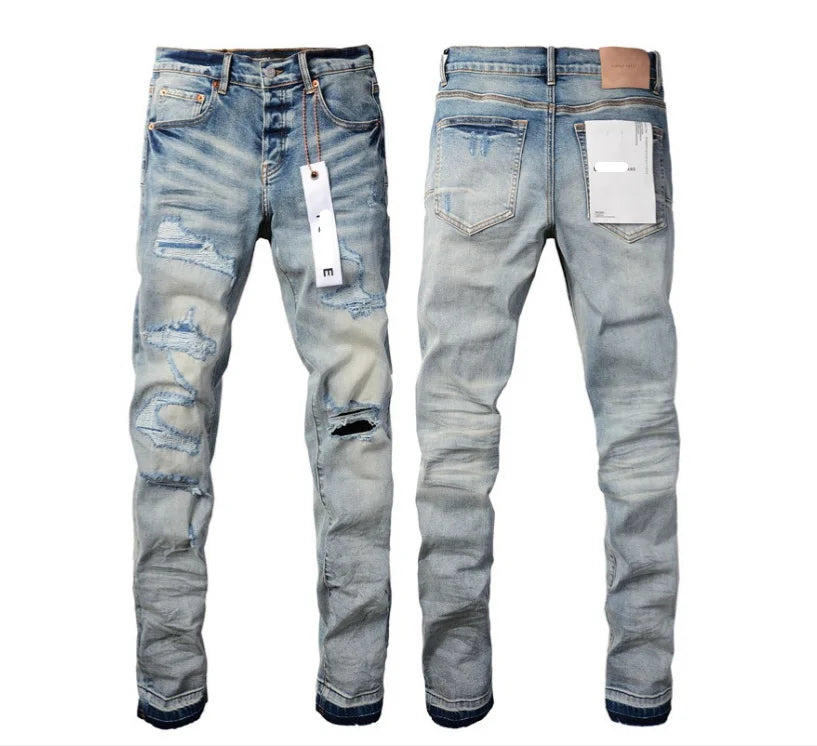 2025 Purples Man jeans brand high street ripped distressed fashion repair low rise skinny