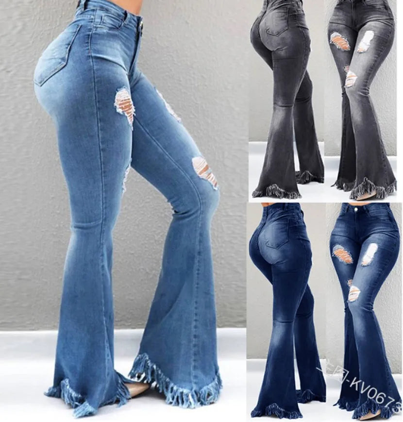 High Waist Jeans Show Thin Tassel Edge Micro Ragged Denim Pants