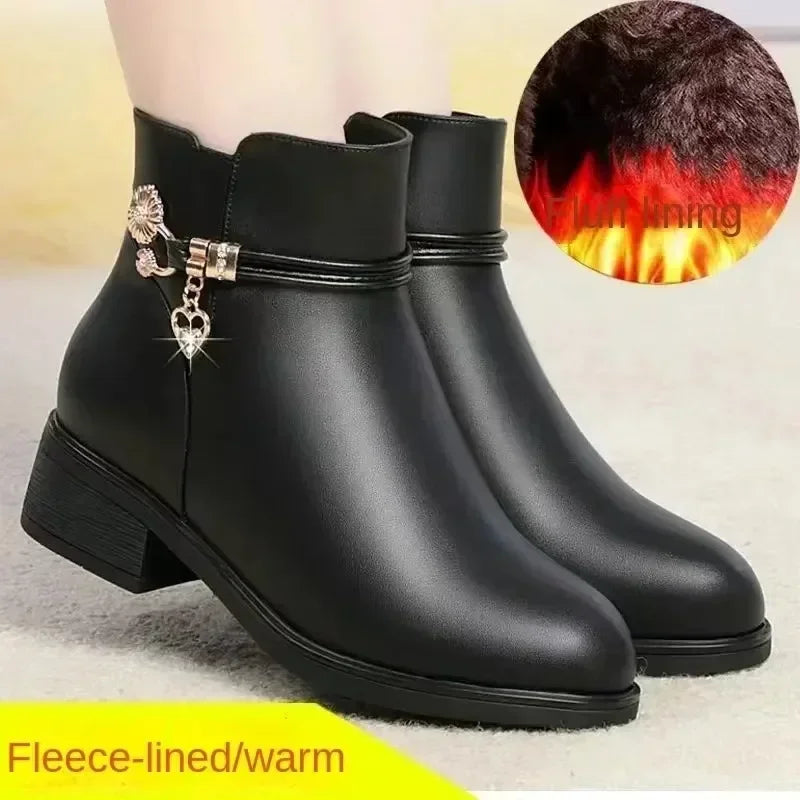 Fashion Black Mid heel Plush Snow Boots Soft Sole Short