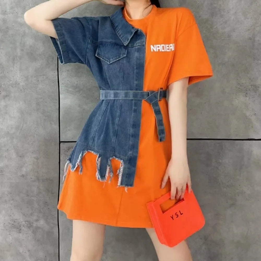 Sexy Short Sleeve O Neck Cowboy Patchwork Chic Denim Spliced