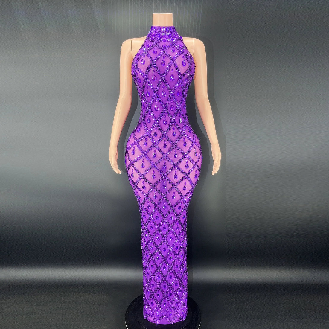 2025 Sparkly Silver Big Rhinestone Transparent Long Dress