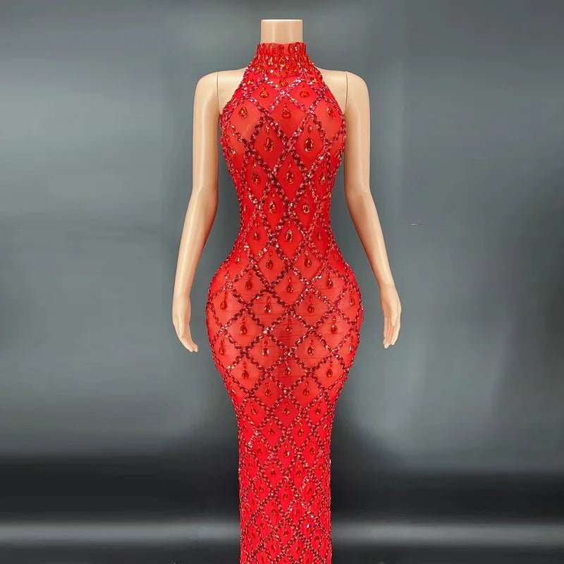 2025 Sparkly Silver Big Rhinestone Transparent Long Dress
