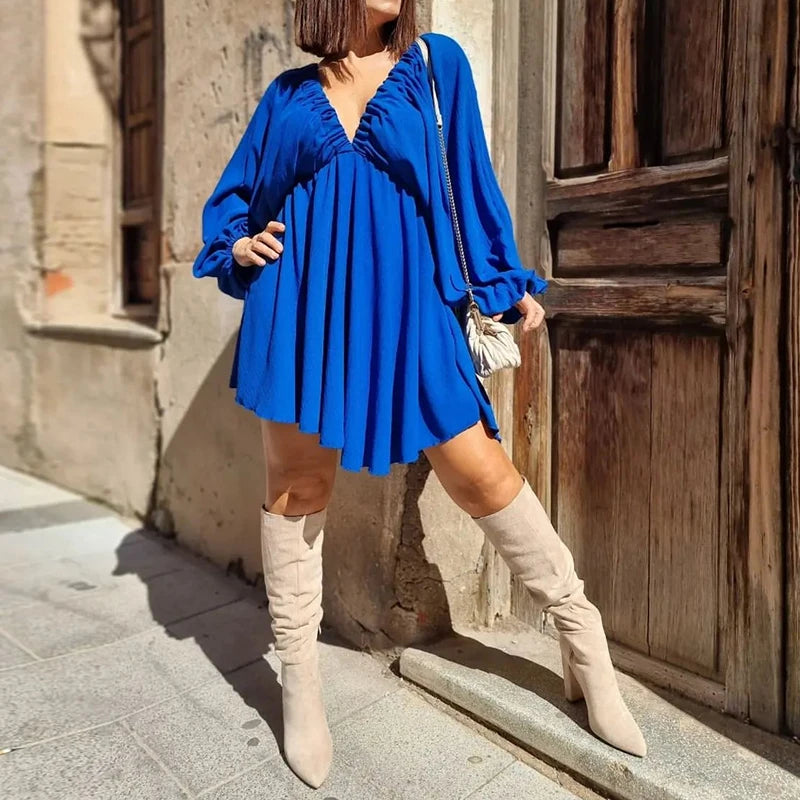 Dress Summer Casual Long Sleeve Ruffle Dress Ladies Fashion V Neck  A-line Party Dress Outfit