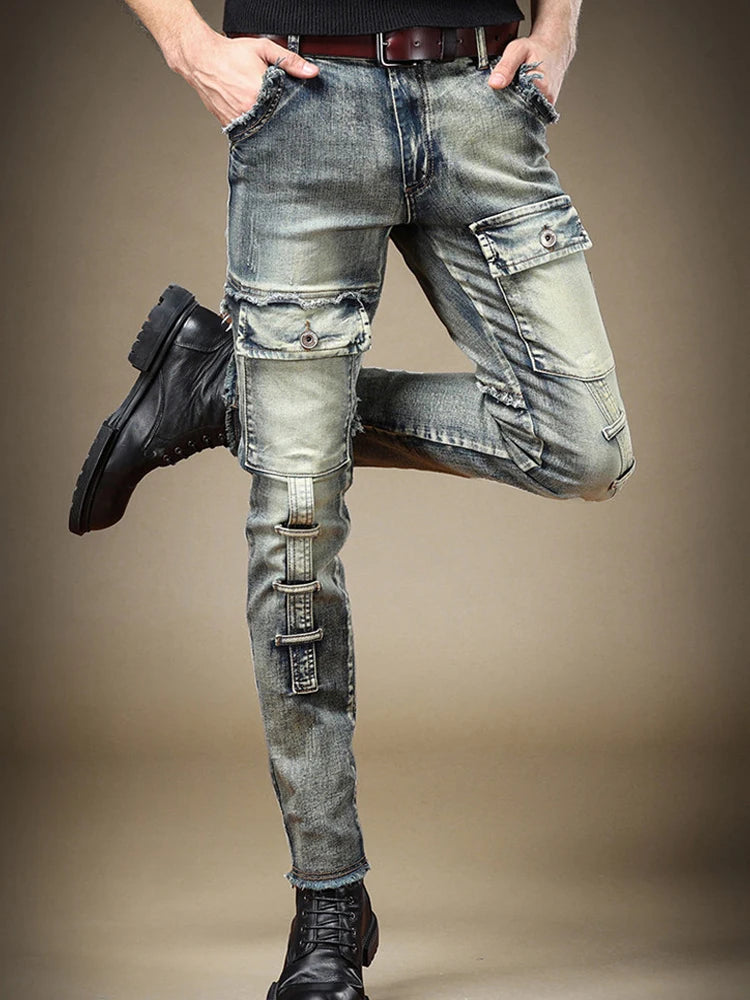 2025 Men's Jeans Stretch Vintage Washing Drak Blue Denim Pants Autumn Summer Luxury Street  Hip-Hop Style Slim Fit Men Trousers