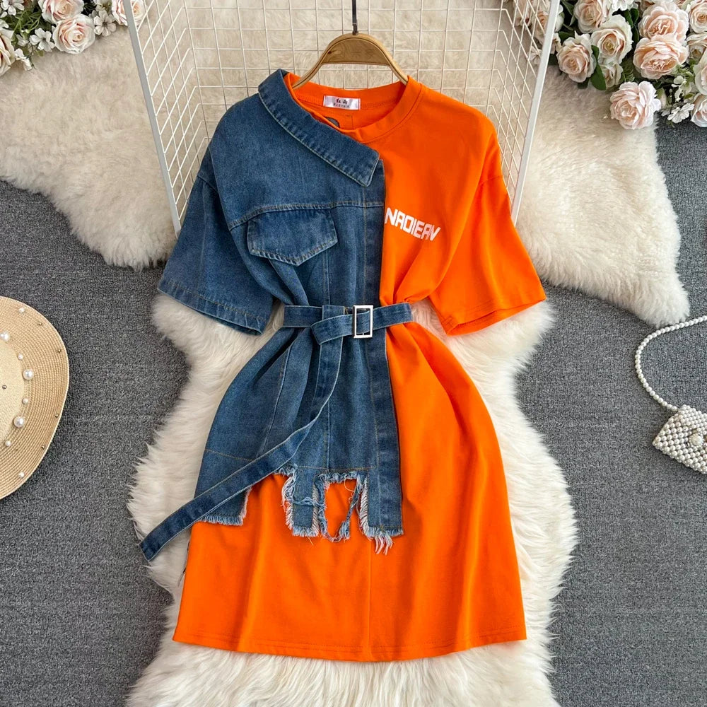 Sexy Short Sleeve O Neck Cowboy Patchwork Chic Denim Spliced