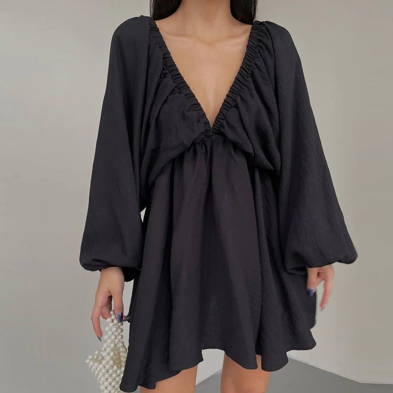 Dress Summer Casual Long Sleeve Ruffle Dress Ladies Fashion V Neck  A-line Party Dress Outfit