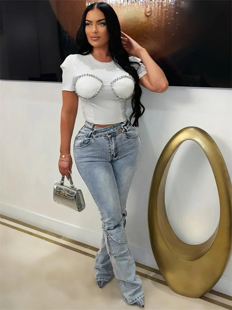 Jeans Women Button Zipper Waist Multiple Pockets Autumn Trend Skinny Stretch Streetwear