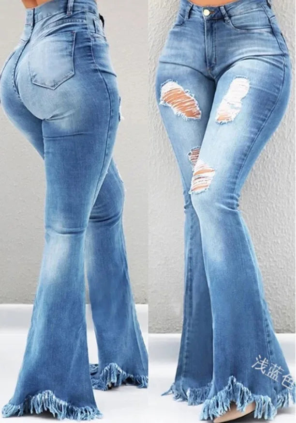 High Waist Jeans Show Thin Tassel Edge Micro Ragged Denim Pants