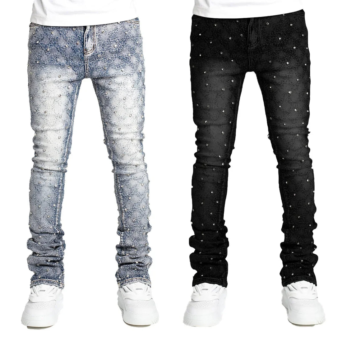 European and American Fashion Elastic Pearl Denim Layered Long Pants