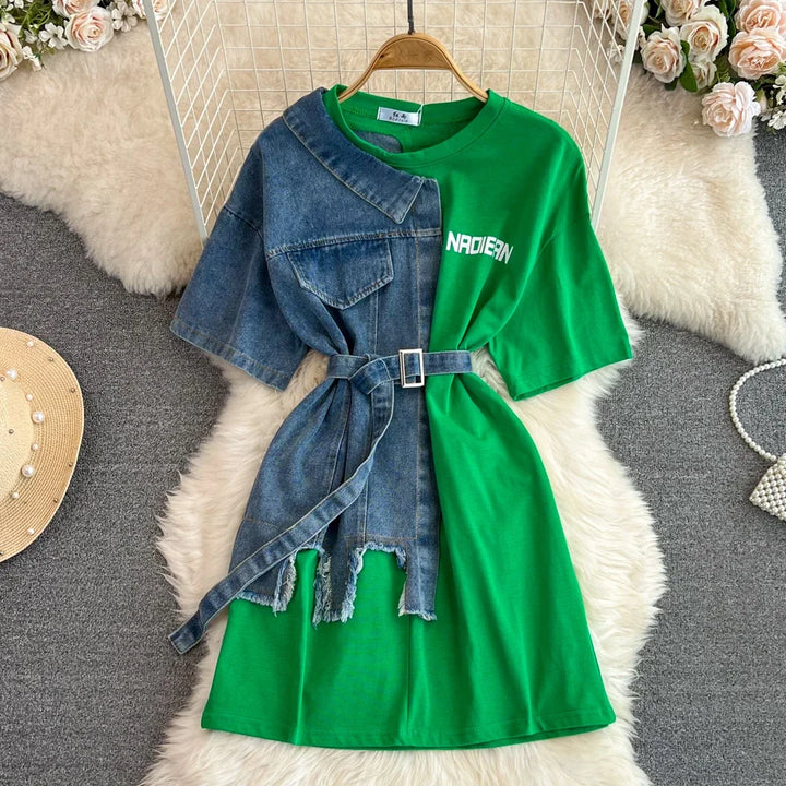 Sexy Short Sleeve O Neck Cowboy Patchwork Chic Denim Spliced