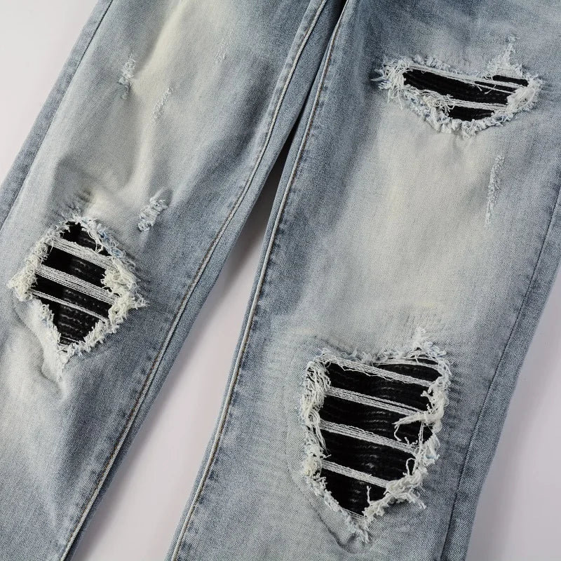 Men Leather Patches Denim Jeans Streetwear Holes Ripped High Stretch Pants Skinny