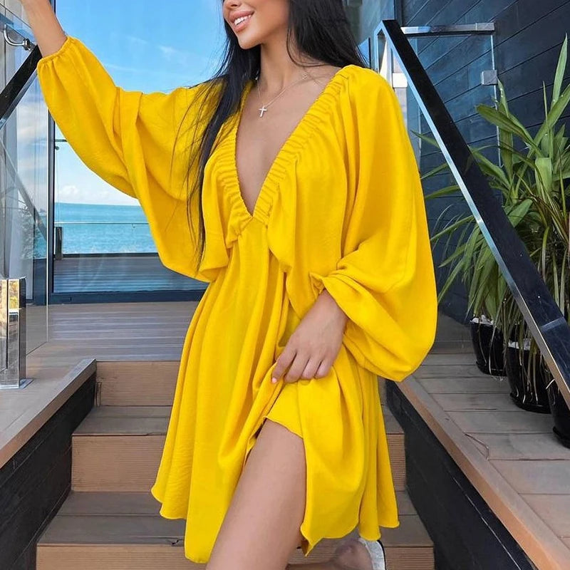 Dress Summer Casual Long Sleeve Ruffle Dress Ladies Fashion V Neck  A-line Party Dress Outfit