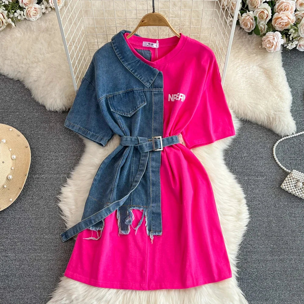 Sexy Short Sleeve O Neck Cowboy Patchwork Chic Denim Spliced