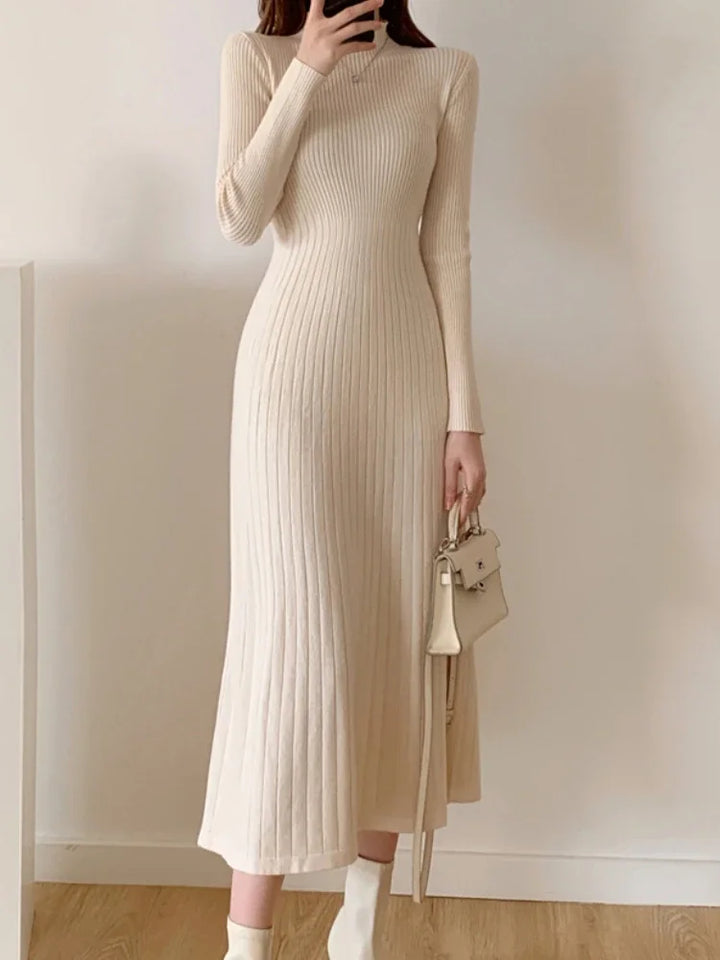 Long Sleeve Party Midi Dress for Women Knitted Half High Elegant Knitted Ladies