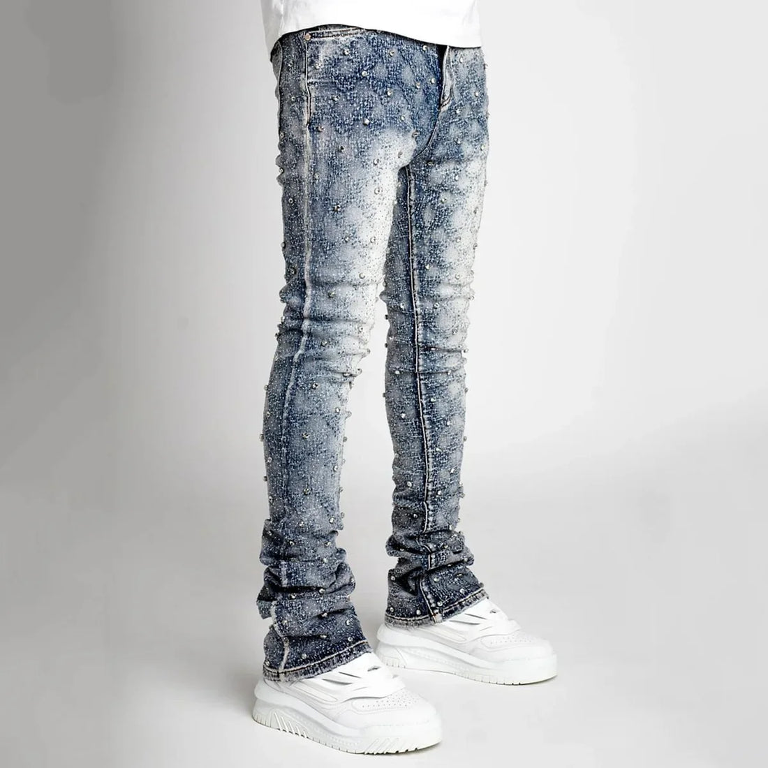 European and American Fashion Elastic Pearl Denim Layered Long Pants