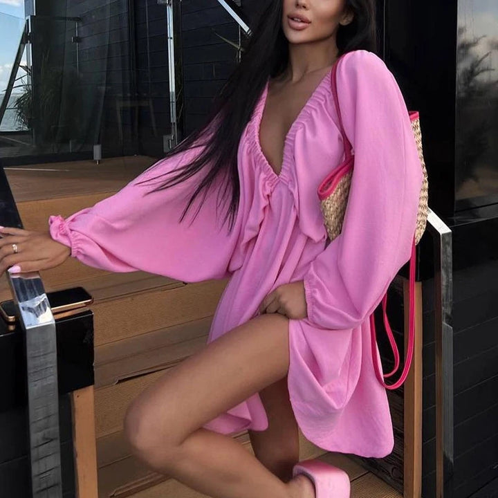 Dress Summer Casual Long Sleeve Ruffle Dress Ladies Fashion V Neck  A-line Party Dress Outfit